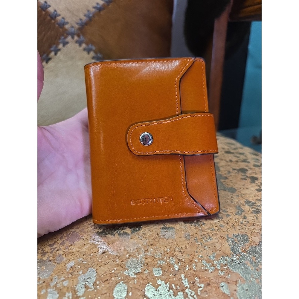 Bostanten Small Brown Leather Bifold Wallet Snap Closure Zip Pocket - Picture 2 of 10